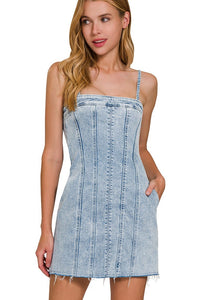 Spaghetti Strap Exposed Seam Denim Dress | Light Wash