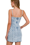 Spaghetti Strap Exposed Seam Denim Dress | Light Wash