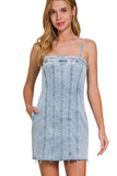 Spaghetti Strap Exposed Seam Denim Dress | Light Wash