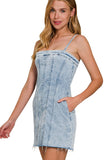 Spaghetti Strap Exposed Seam Denim Dress | Light Wash