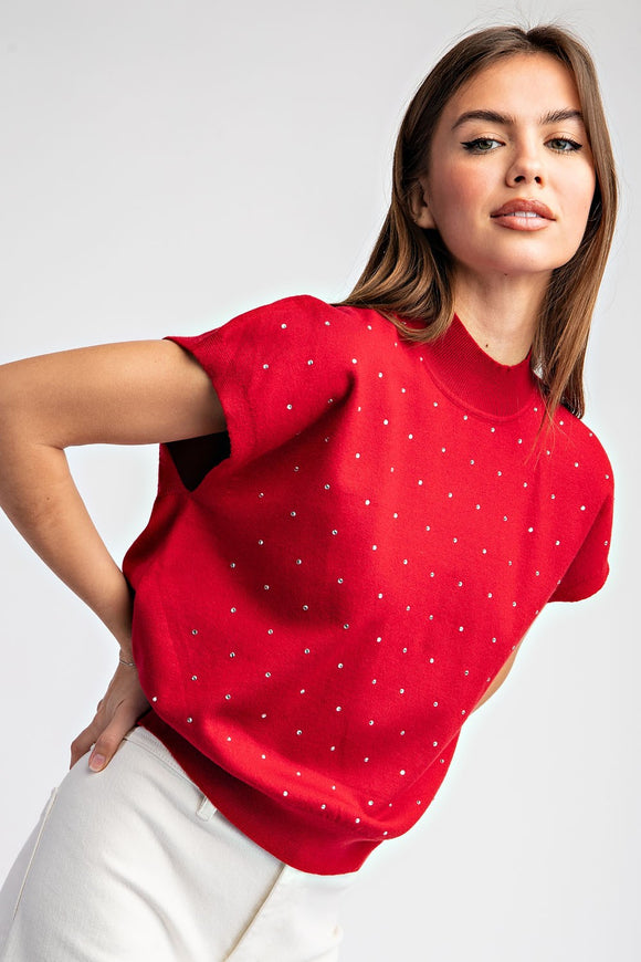 Rhinestone Mock Neck Knit Top | Cherry Red