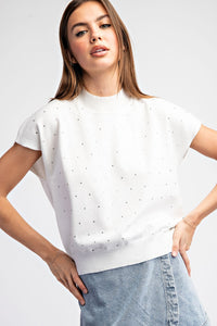 Rhinestone Mock Neck Knit Top | Off White