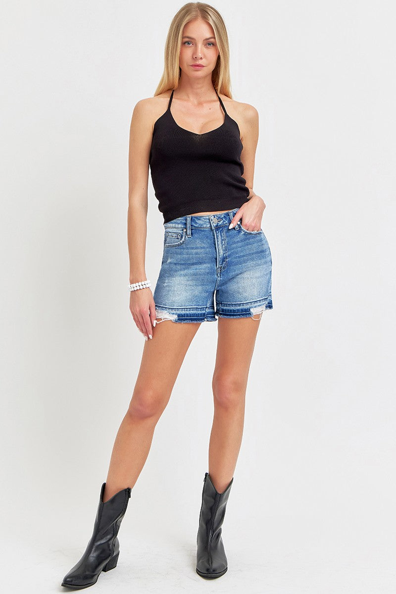 Risen Denim Shorts | High Rise Released Hem Distressed