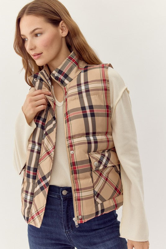 Plaid Puffer Vest | Taupe