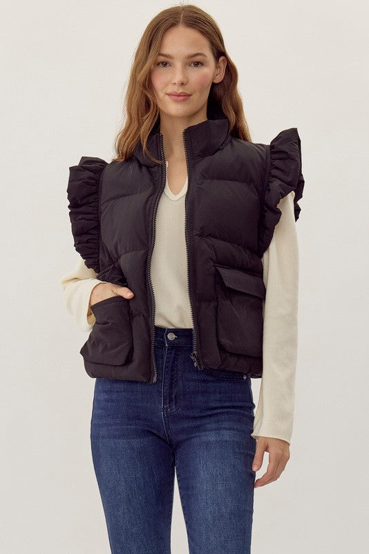 Ruffled Puffer Vest | Black