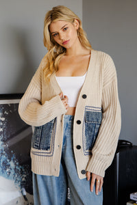 Denim Pocket Knit Cardigan | Oatmeal