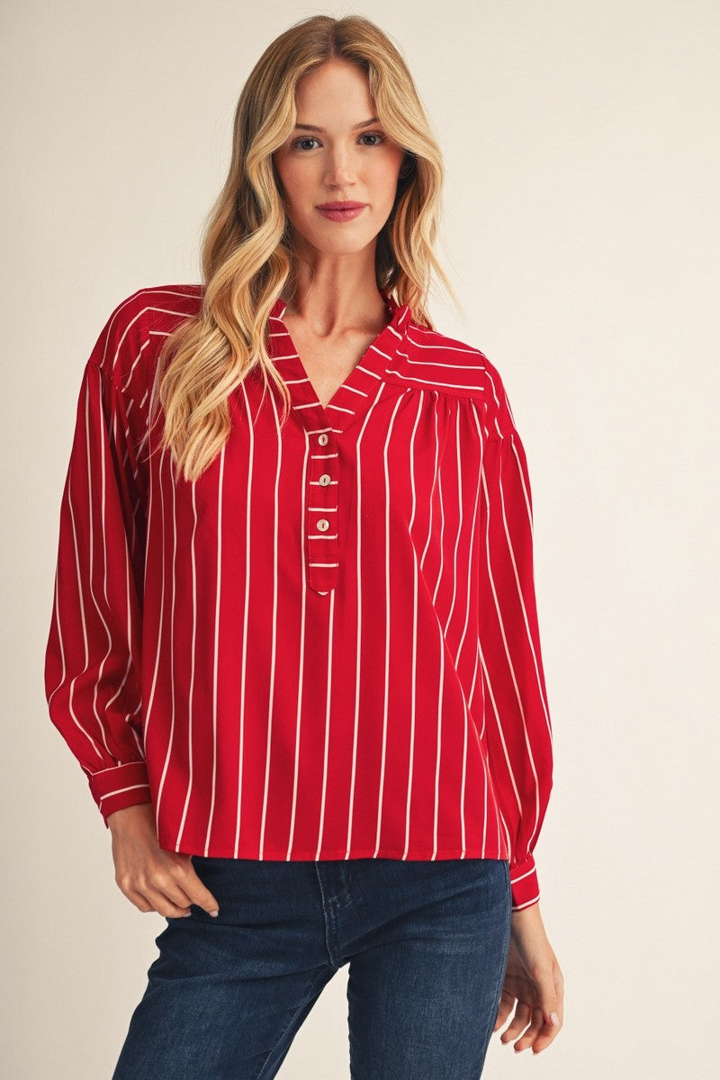 Ruffled Neckline Striped Button Top | Red