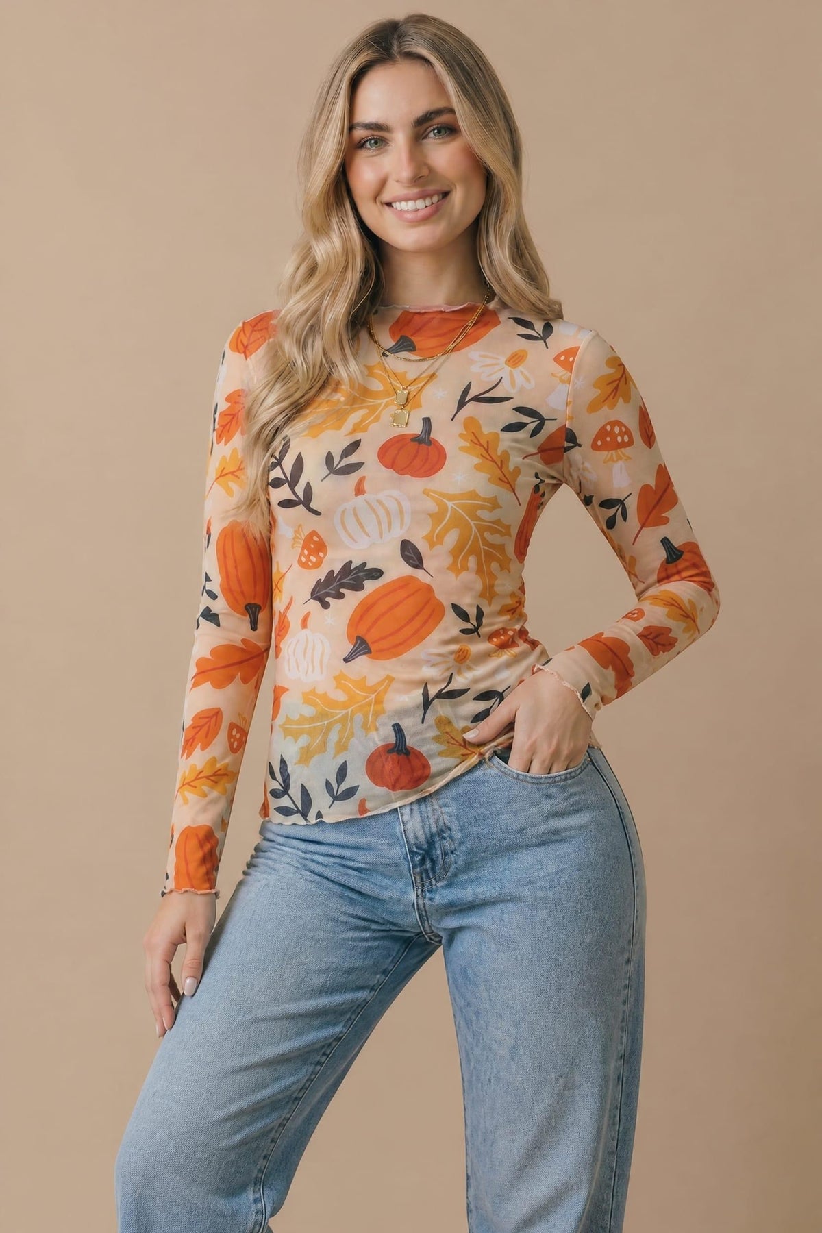 Pumpkin Mesh Sheer Top | Cream/Rust