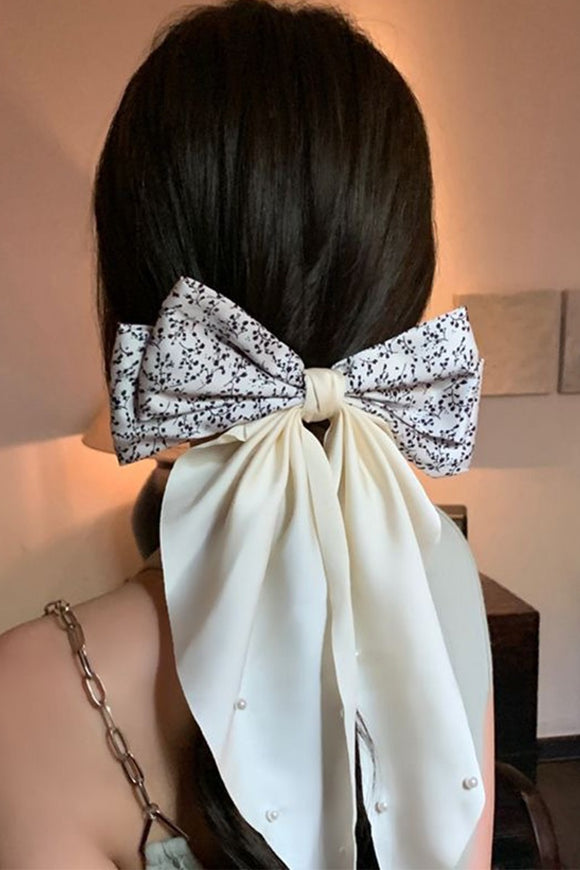 Floral Pearl Accent Large Silky Bow | Cream