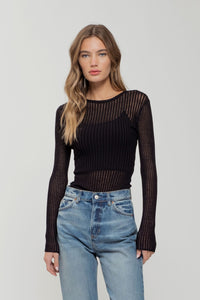 Sheer Rib Knit Sweater Top | Black