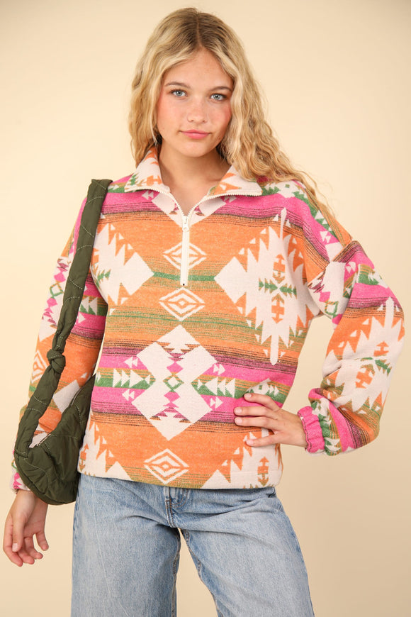 Aztec Henley Woven Pullover | Pink Mix