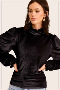 Velvet Long Puff Sleeve Top | Black