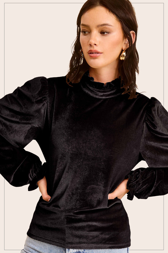 Velvet Long Puff Sleeve Top | Black