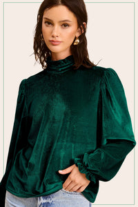 Velvet Long Puff Sleeve Top | Emerald