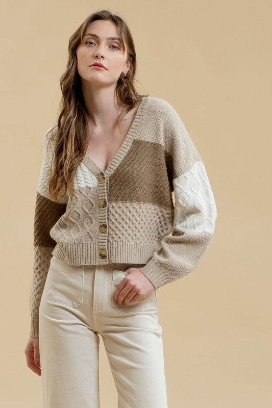 Patchwork Cropped Cable Knit Cardigan | Taupe Multi