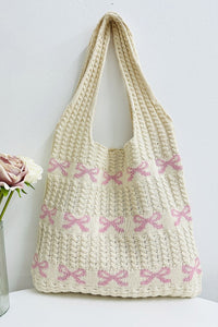 Ribbon Crochet Tote Bag | Beige/Pink