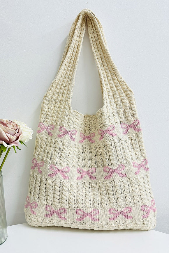 Ribbon Crochet Tote Bag | Beige/Pink