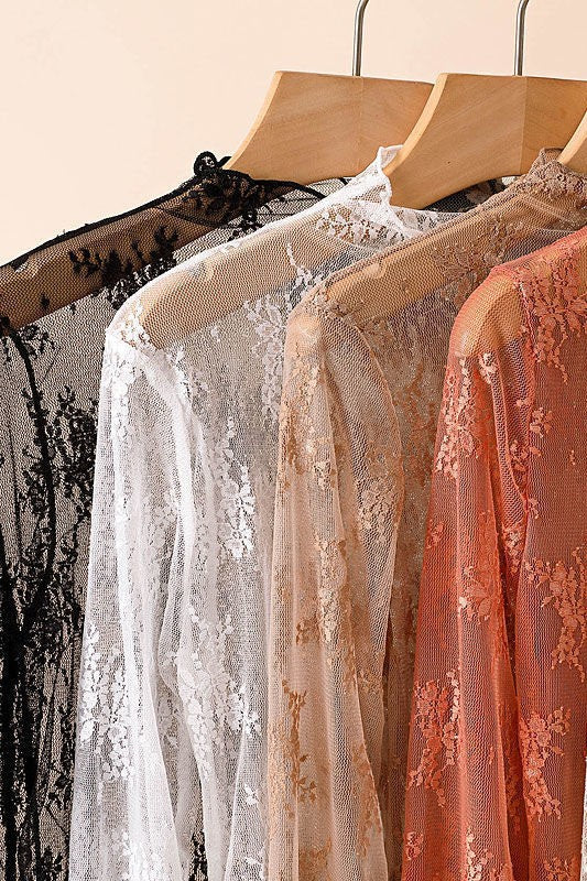 Sheer Lace Long Sleeve Mesh Top | Rosewood