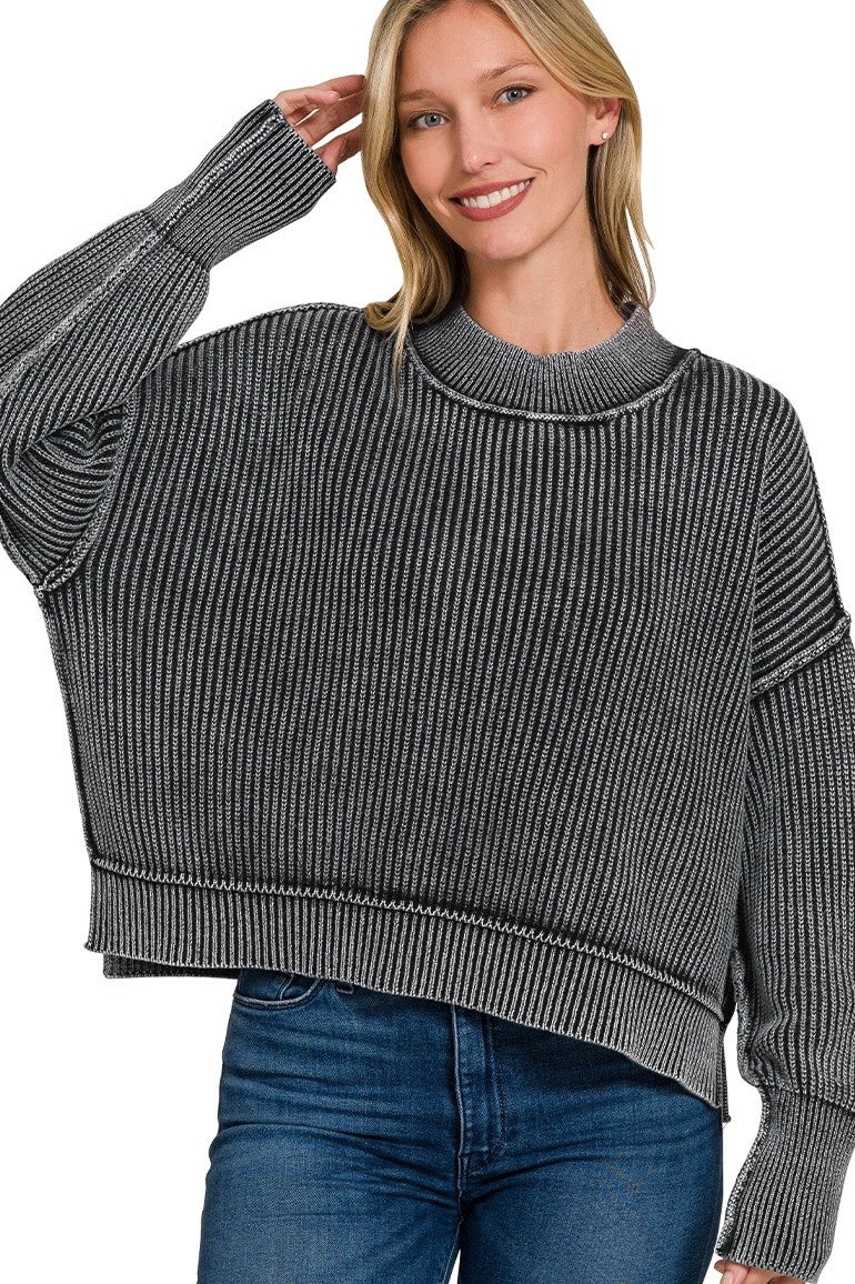 Washed Ribbed Oversized Cropped Sweater Top | Black