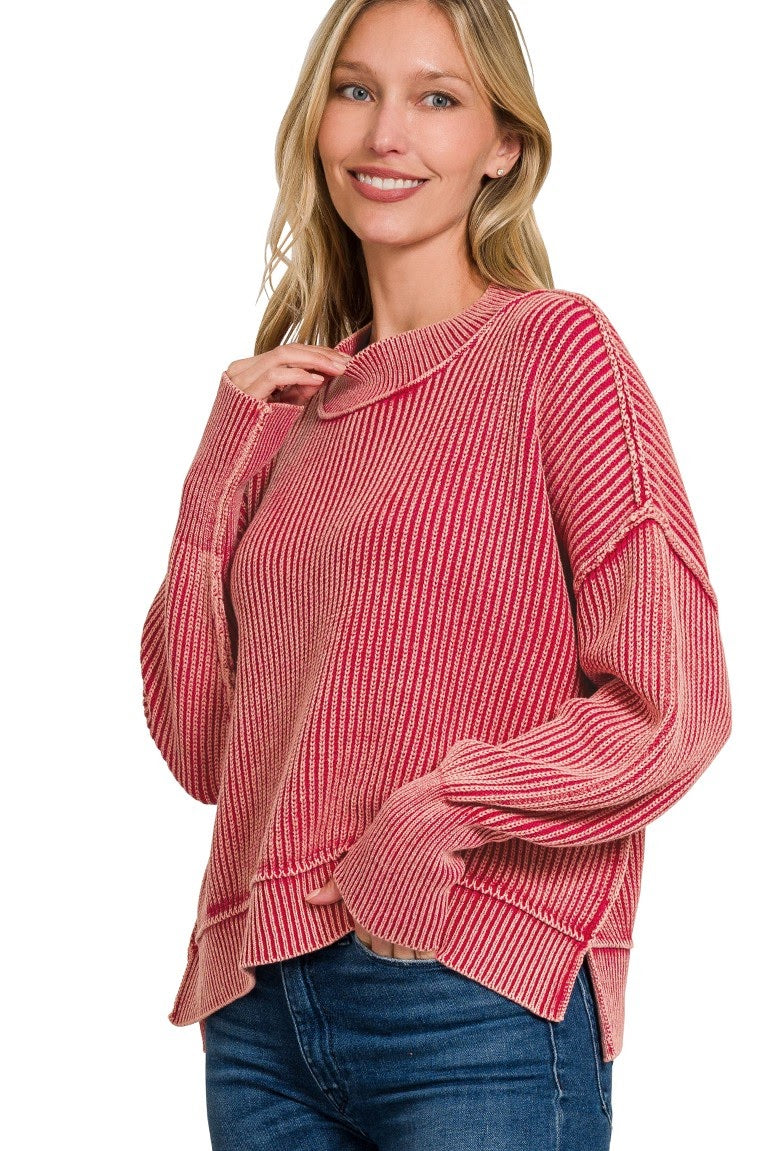 Washed Ribbed Oversized Cropped Sweater Top | Red