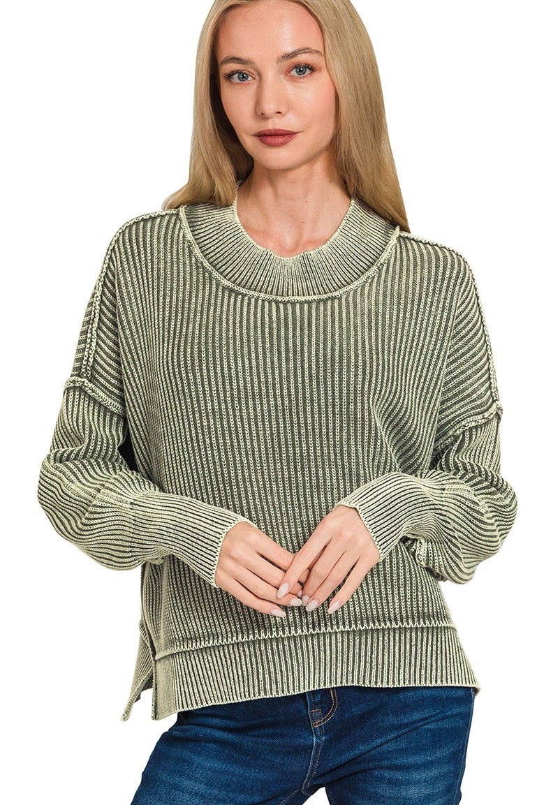 Washed Ribbed Oversized Cropped Sweater Top | Olive