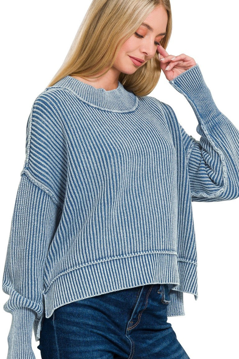 Washed Ribbed Oversized Cropped Sweater Top | Classic Blue