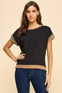 Solid Ribbed Contrast Top | Black