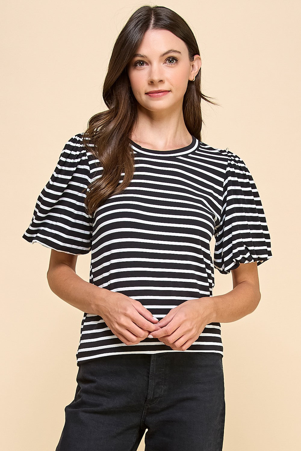 Stripe Puff Sleeve Top | Black