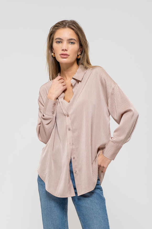 Satin Pin Striped Collared Top | Mocha