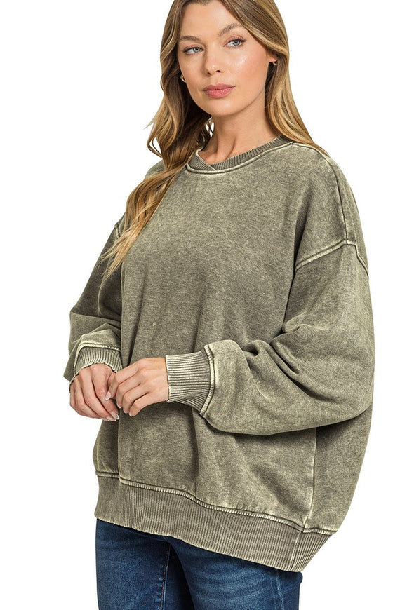 Acid Wash Fleece Oversized Sweater | Olive