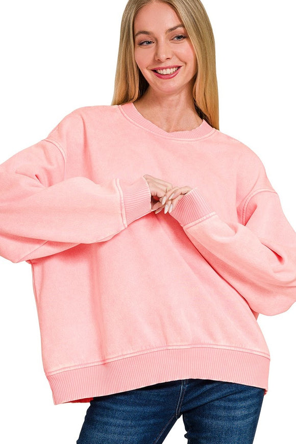 Acid Wash Fleece Oversized Sweater | Pink