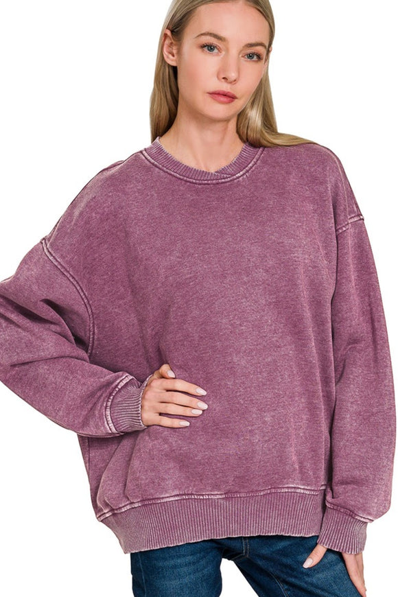 Acid Wash Fleece Oversized Sweater | Eggplant