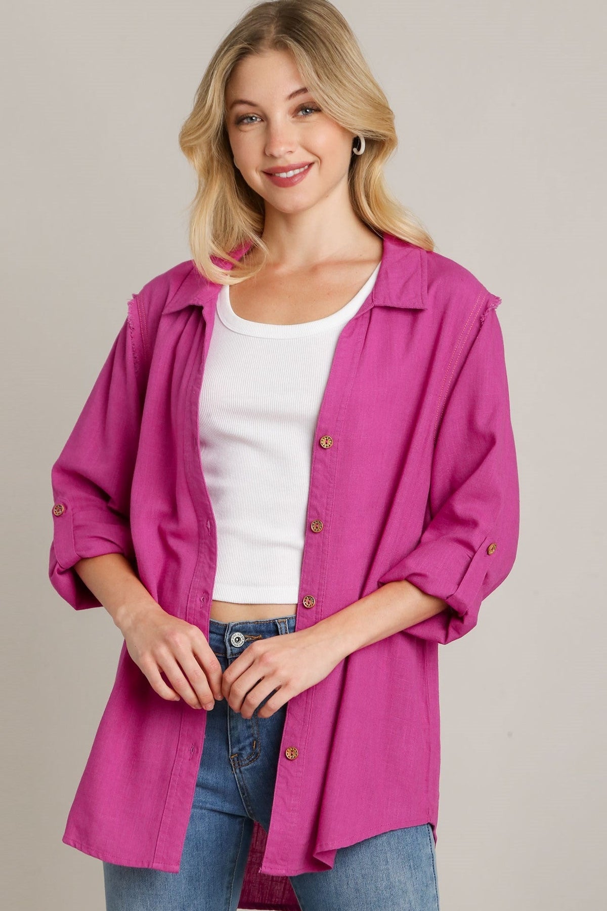 Linen Collared Button Down Top | Magenta