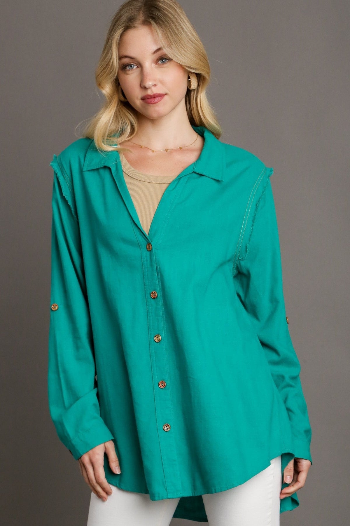 Linen Collared Button Down Top | Emerald Green