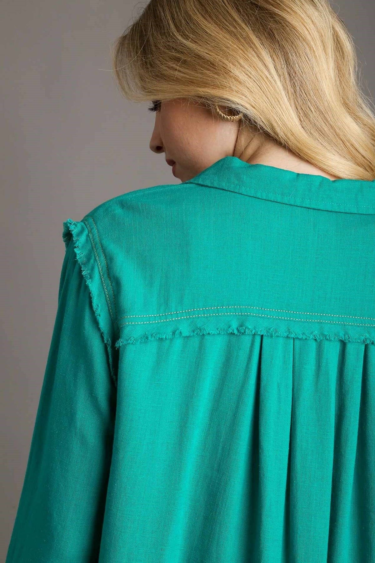 Linen Collared Button Down Top | Emerald Green