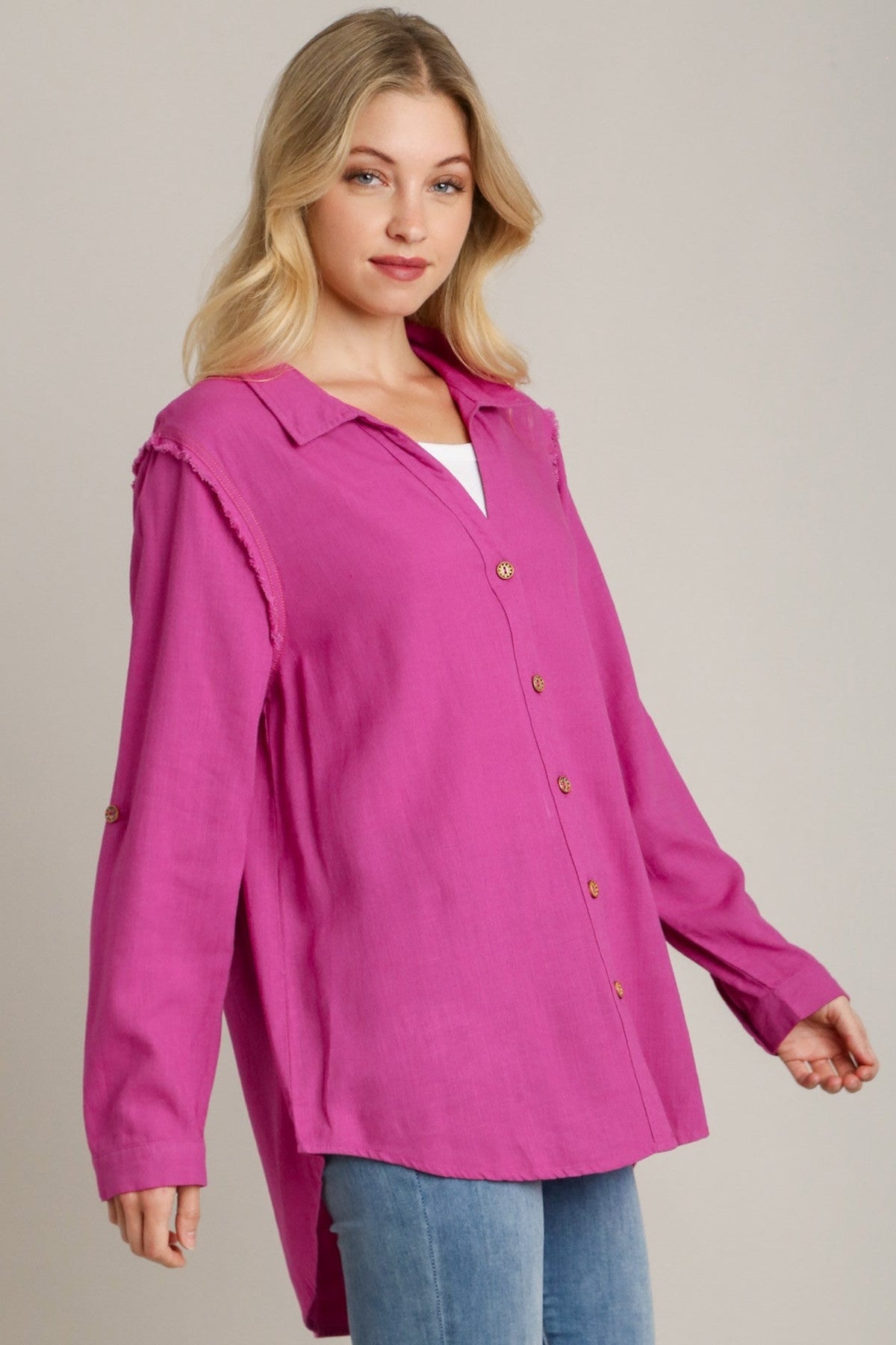 Linen Collared Button Down Top | Magenta