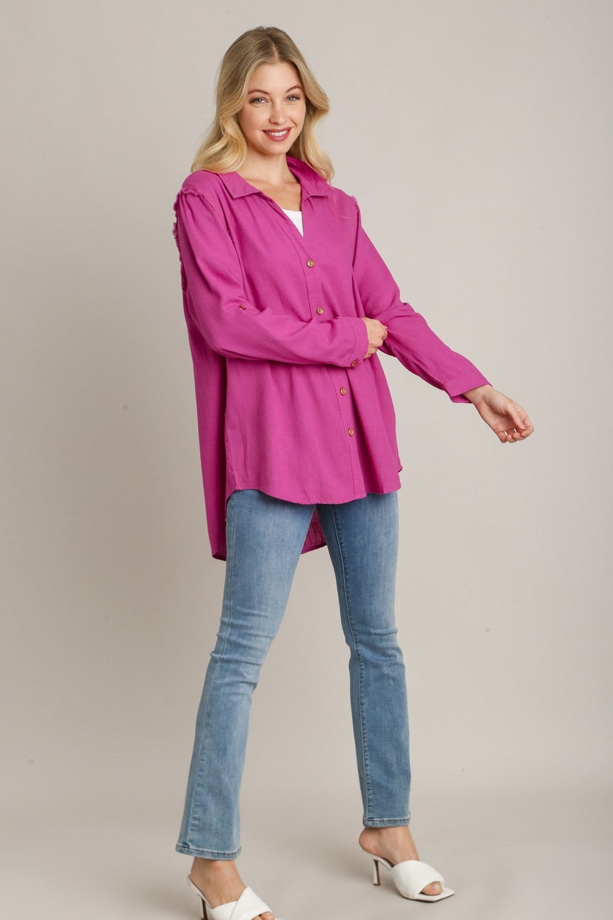 Linen Collared Button Down Top | Magenta
