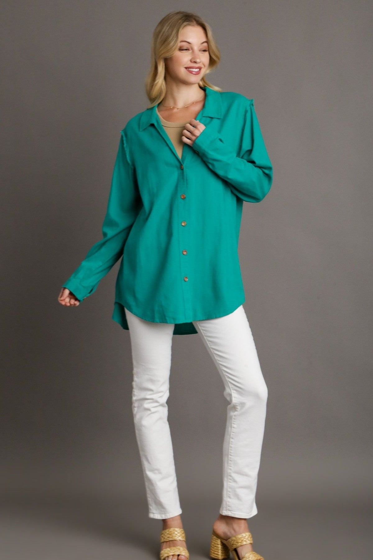Linen Collared Button Down Top | Emerald Green