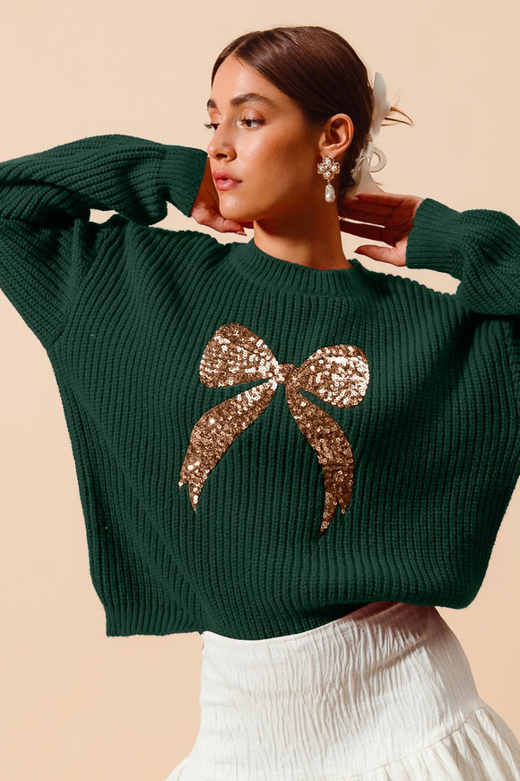 Gold Sequin Ribbon Sweater Top | Hunter Green