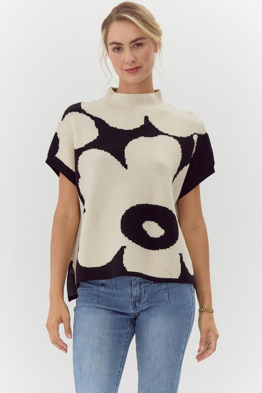 Mock Neck Flower Knit Top | Black+Ivory