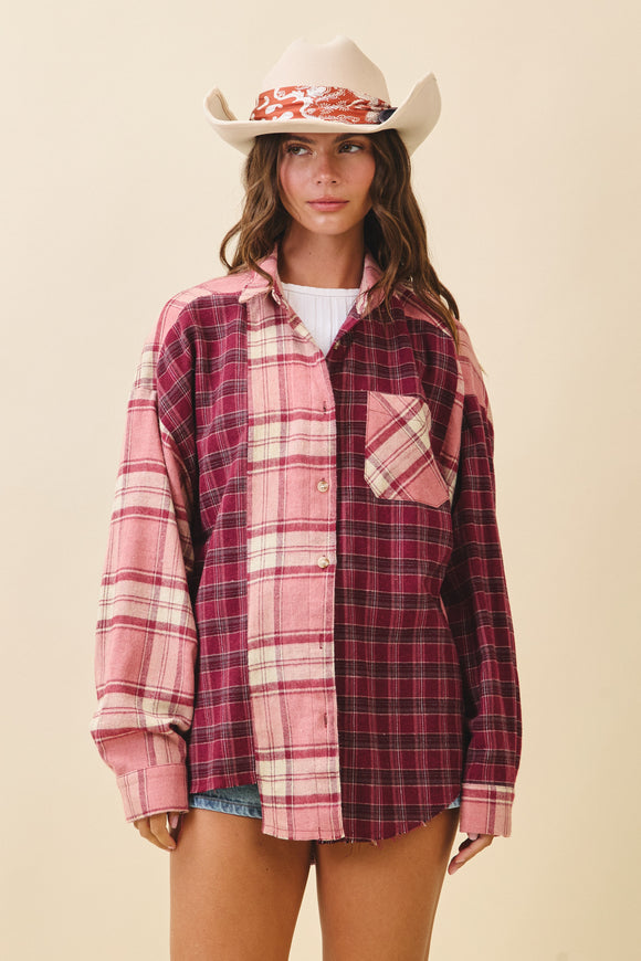 *Doorbuster Deal Splice Raw Hem Flannel | Pink