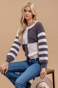 Colorblock Stripe Checker Sweater | Charcoal