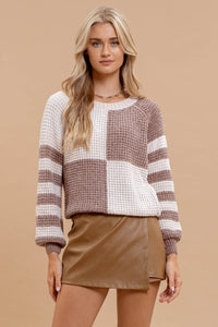 Colorblock Stripe Checker Sweater | Mocha