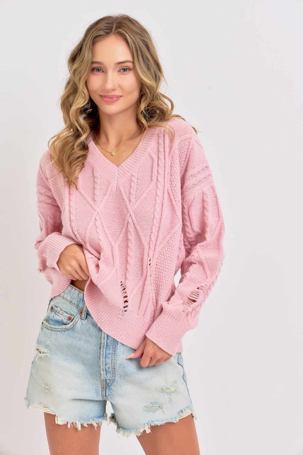 Cable Knit Distressed Textured Sweater Top | Pink
