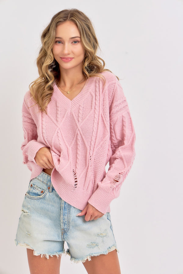 Cable Knit Distressed Textured Sweater Top | Pink