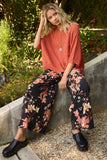 Floral Mid Rise Wide Leg Pants | Black