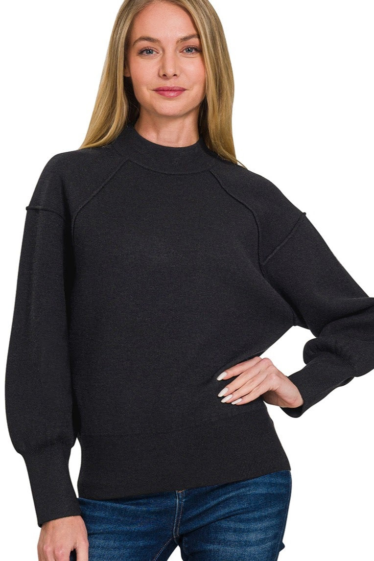 Mock Neck Exposed Seam Sweater Top | Black