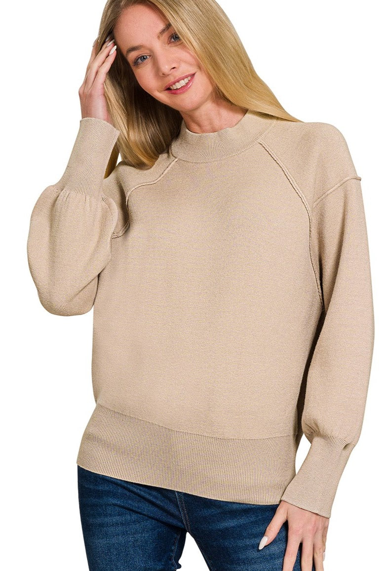 Mock Neck Exposed Seam Sweater Top | Light Mocha