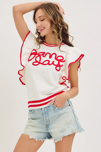 Game Day Ruffle Sleeve Knit Top | White/Red