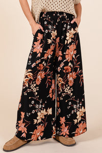 Floral Mid Rise Wide Leg Pants | Black